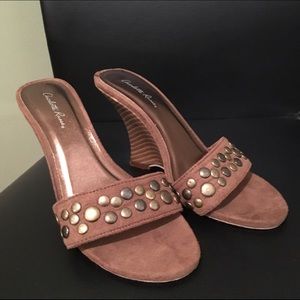 Brown slide in suede sandals