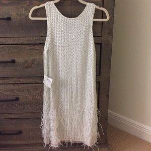 Parker white feather trim cocktail dress