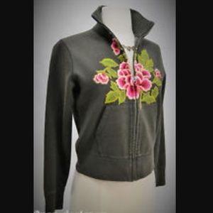 Lucky Brand Floral Embroidered Zip Up Sweater