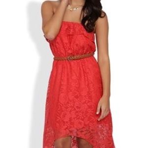 Coral Lace High Low Strapless Dress