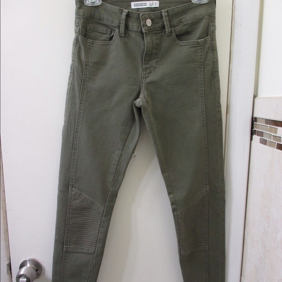 ZARA Mid-Rise Biker Trousers Jeans Khaki Zippers