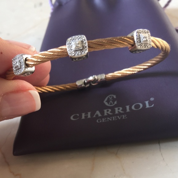 Charriol Gold Slim Bangle 3 Diamond Squares. Wow!!