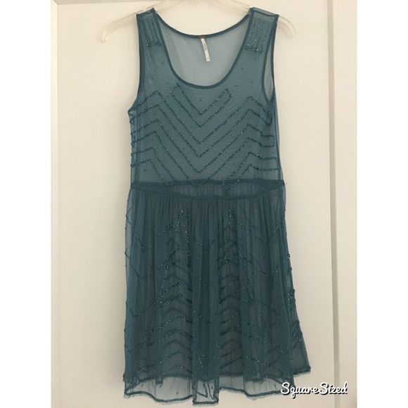 Free People Embellished Teal Sheer Slip Dress