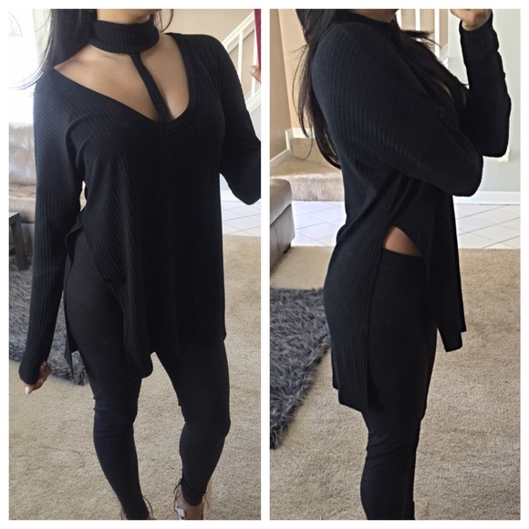 Black ribbed choker slit jumper - Picture 3 of 3