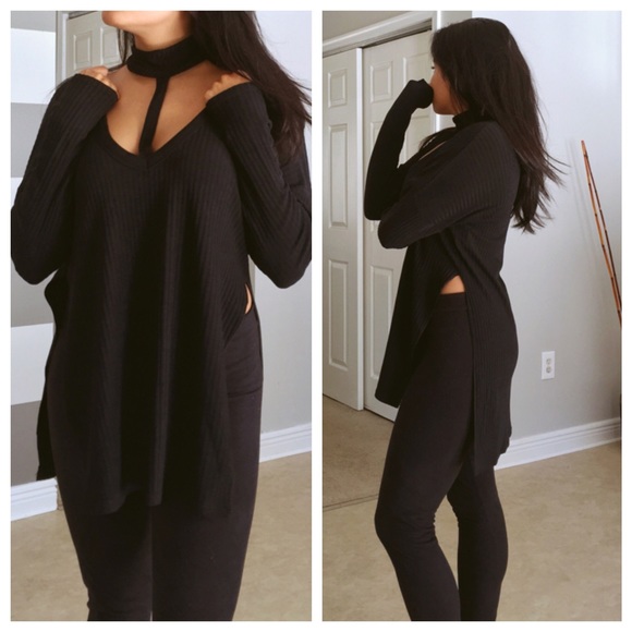 Black ribbed choker slit jumper - Picture 2 of 3