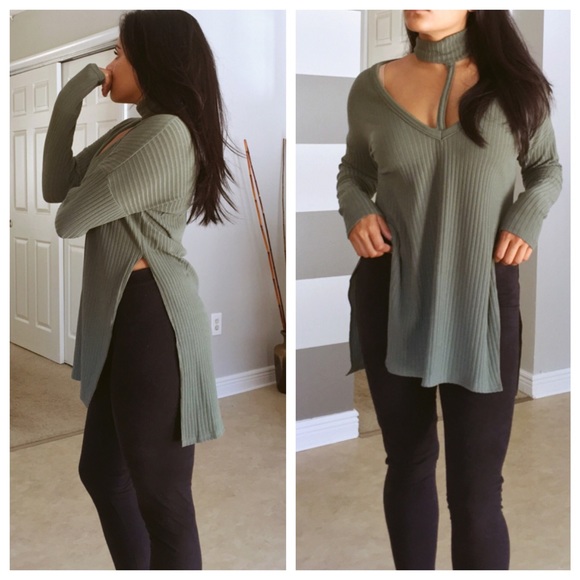 Olive ribbed choker slit jumper - Picture 2 of 3