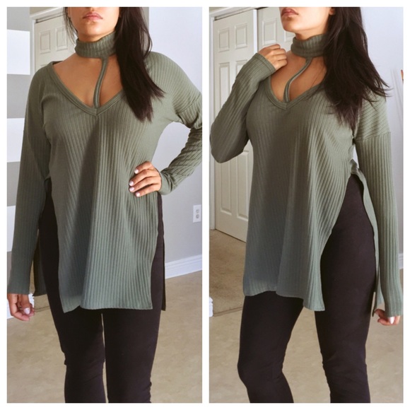 Olive ribbed choker slit jumper - Picture 3 of 3