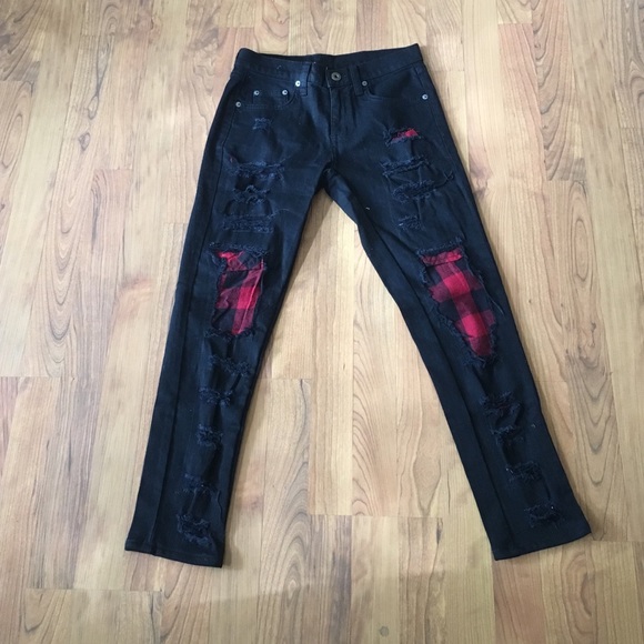 ripped jeans with flannel patches