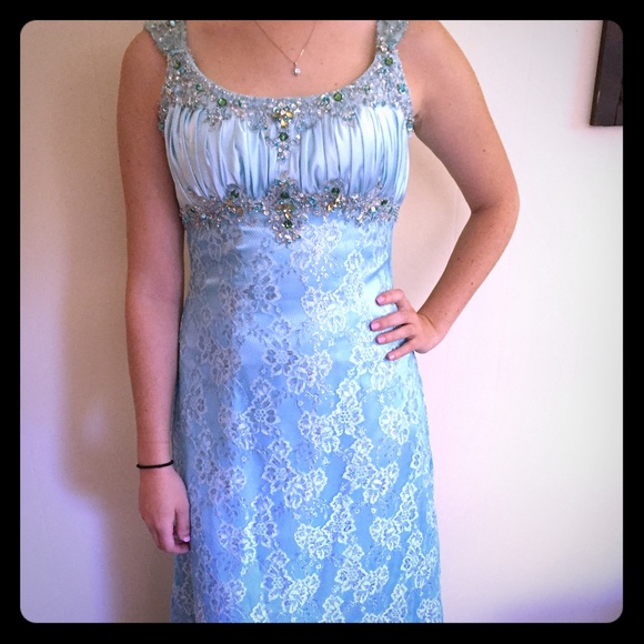 Ice blue prom dress with lace overlay and sequins