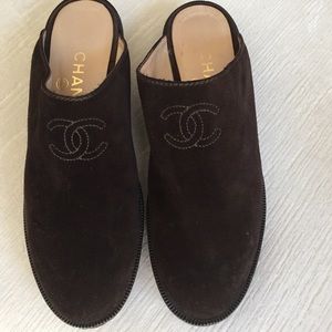 Chanel Brown Suede Clogs/Mules with Embroidered CC