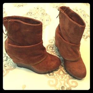 Brown suede wedge platform booties
