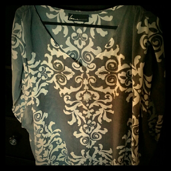 Grey & White Design Blouse W/Gold Beading
