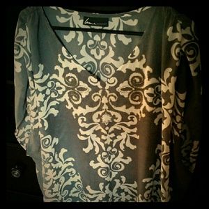 Grey & White Design Blouse W/Gold Beading