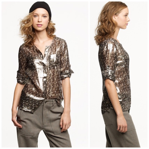 ✨SALE✨NWT J.Crew Silk Camp Shirt in Leopard Lamé - Picture 1 of 4