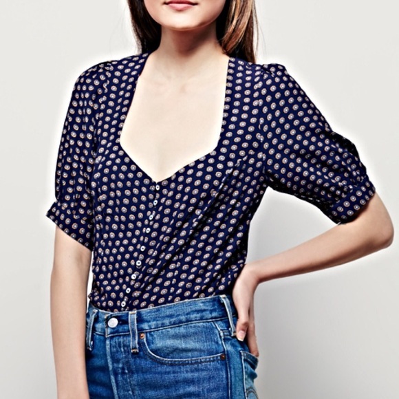 Free People Retro Chic Navy Electric Soul Blouse