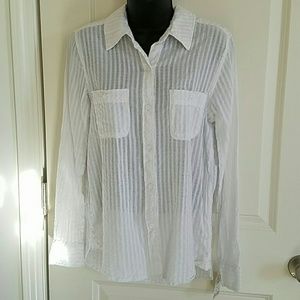 White semi sheer stripped long sleeve button down