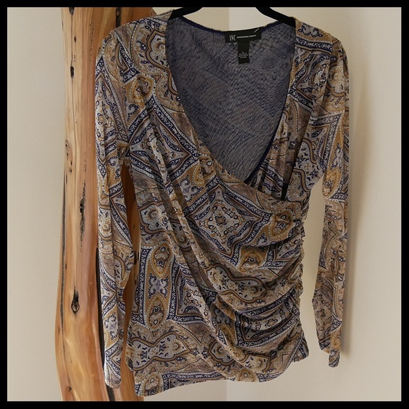 INC V-Neck Long Sleeve Print Top - Picture 1 of 3