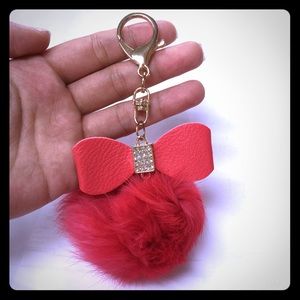 rabbit fur key chan bag chan fluffy puff ball  red