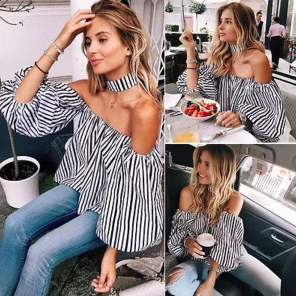 Timeless Look Tops - Off shoulder pin stripe bubble sleeve top w choker