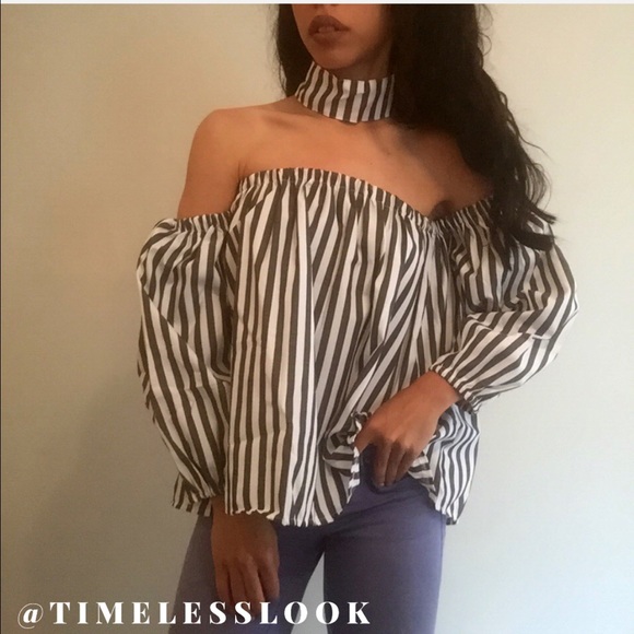 Off shoulder pin stripe bubble sleeve top w choker - Picture 2 of 4