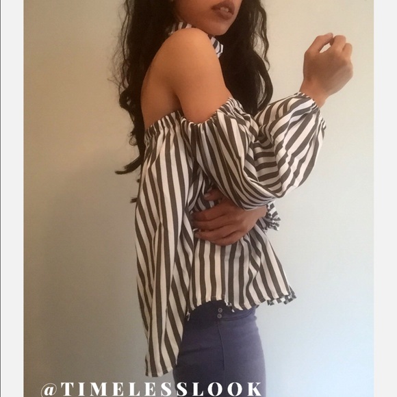 Off shoulder pin stripe bubble sleeve top w choker - Picture 3 of 4