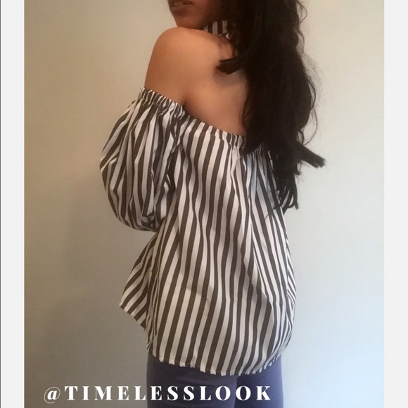 Off shoulder pin stripe bubble sleeve top w choker - Picture 4 of 4