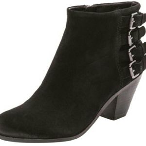 Black suede buckle ankle boots