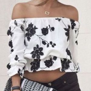 White black off the shoulder floral blouse