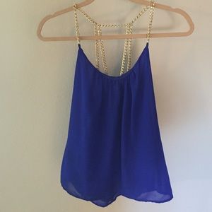 Blue top with gold chain back