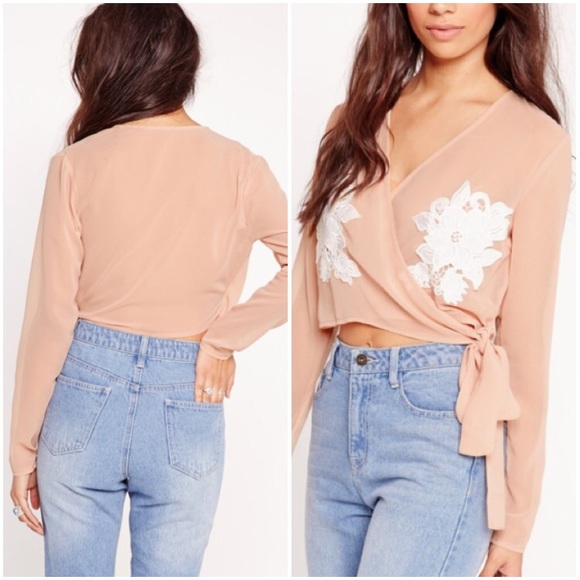 Last One! Floral Appliqué Tie Nude Blouse - Picture 4 of 4