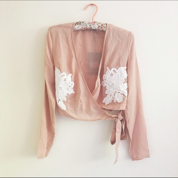 Last One! Floral Appliqué Tie Nude Blouse - Picture 3 of 4