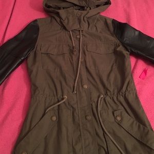Army Green Jacket With Faux Leather Sleeves