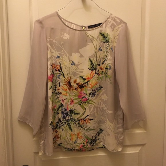 Floral 3/4 Sleeve Blouse w/ Exposed Zipper - L