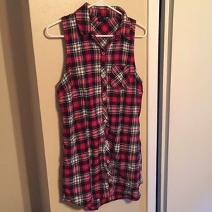 Red sleeveless flannel tunic