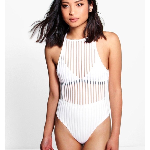 Boohoo Camera Stripe Mesh Bodysuit