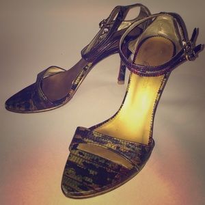 Camouflage open toe heels, size 7.5