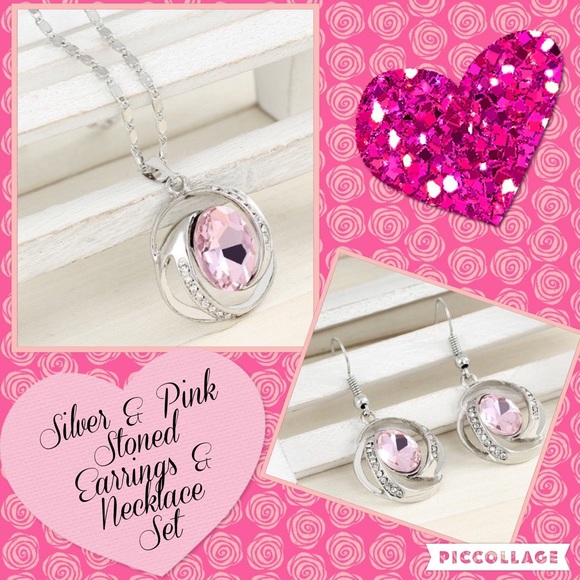 Jewelry - Silver & Pink Stoned Earrings & Necklace Set
