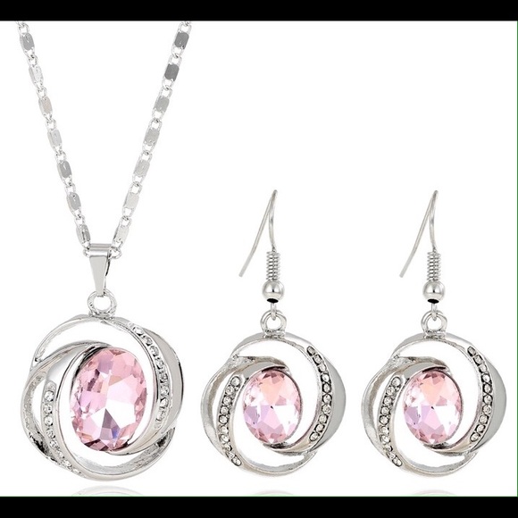 Silver & Pink Stoned Earrings & Necklace Set - Picture 2 of 4