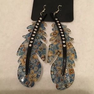 Blue Floral Print Acrylic Crystal Feather Earrings