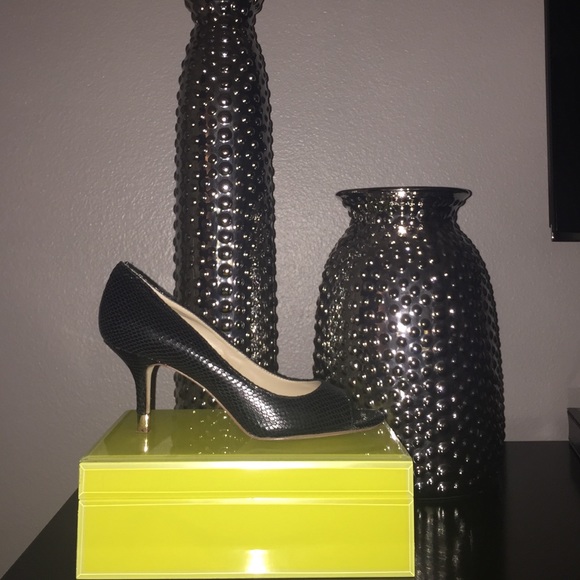 INC black kitten gold tipped heels with open toe