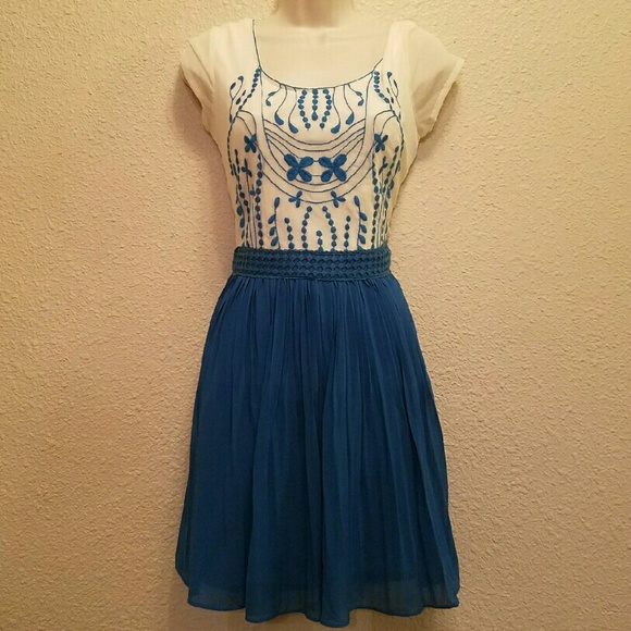 Blue and Cream Embroidered Cap Sleeve Dress
