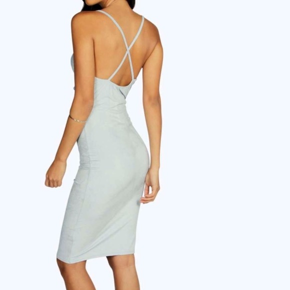 Suede Cowl Neck Midi Bodycon in pale blue