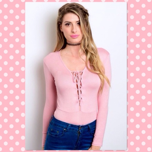 Rose Pink Lace up Body Suit Long Sleeve
