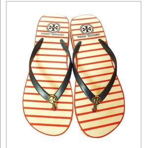 Tory Burch wedge flip flops...navy, white, blue