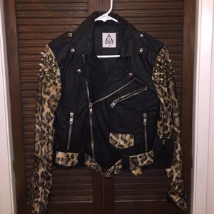 UNIF Leopard-Sleeve Faux Leather Moto Jacket