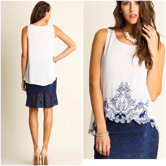 WHITE w/ NAVY EMBROIDERY TANK - Picture 3 of 4