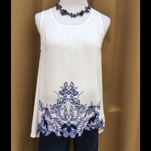 WHITE w/ NAVY EMBROIDERY TANK - Picture 2 of 4