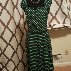 Green,White & Black Striped A line Dress