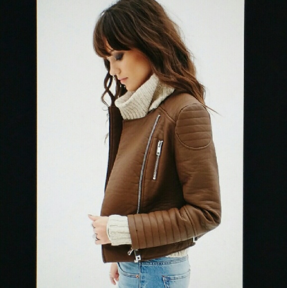 SOLD // Brown Pebbled collarless Moto Jacket