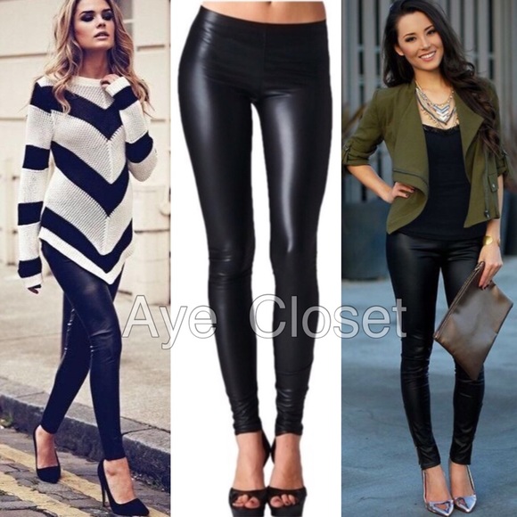 Black faux leather leggings pants slick sold - Picture 4 of 8